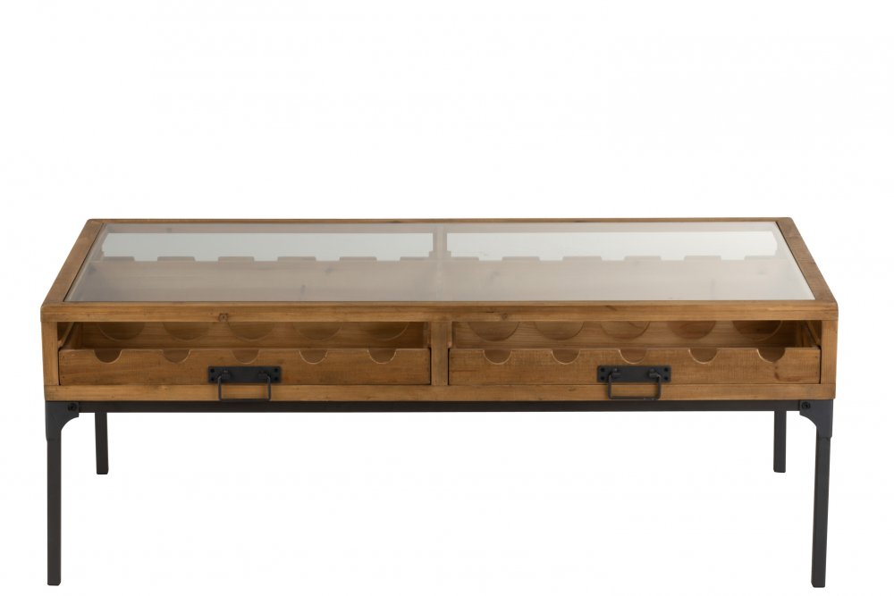 Table basse 2 tiroirs pour bouteilles FAKY métal noir et bois naturel.